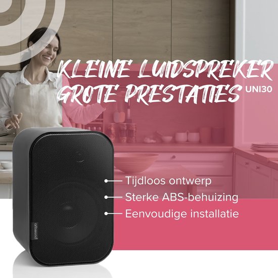 Artsound UNI30, set van 2 passieve luidsprekers, 2-weg hifi luidspreker, 20-60 watt, muurbeugel met kogelgewricht, geschikt voor ruimtes tot 40 m² zoals keuken, café, magazijn, kleur: zwart