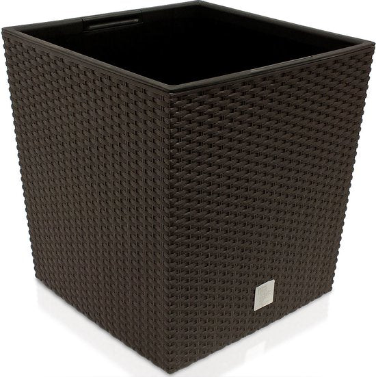 Prosperplast Bloempot/plantenpot Rato - rotan look - met binnenpot - bruin - 32 x 32 x 33 cm - kunststof