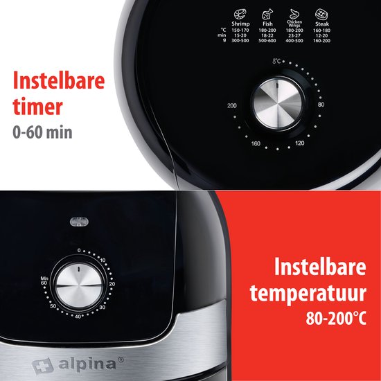 alpina Airfryer 3.5L - Heteluchtfriteuse 2 tot 3 Personen - Air Fryer met Instelbare Temperatuur van 80 tot 200°C - Hetelucht oven Airfryer Timer tot 60 Minuten - 1400W - Zwart