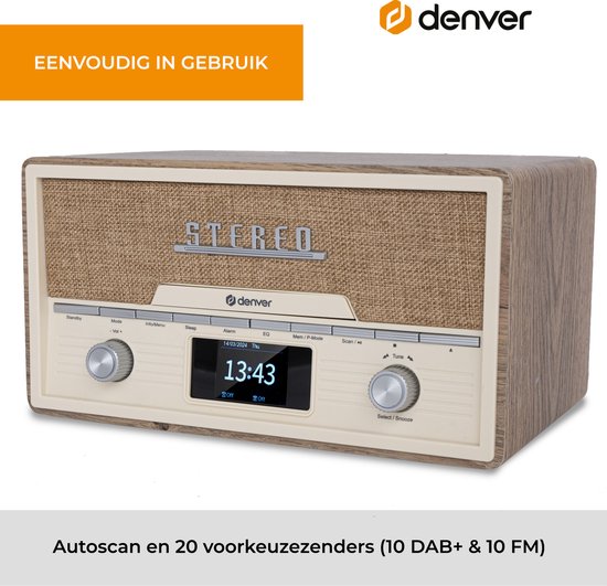Denver DAB Radio CD Speler - Retro Radio - Bluetooth - 20 voorkeuzezenders - DAB /FM / AUX - MDA525 - Lightwood