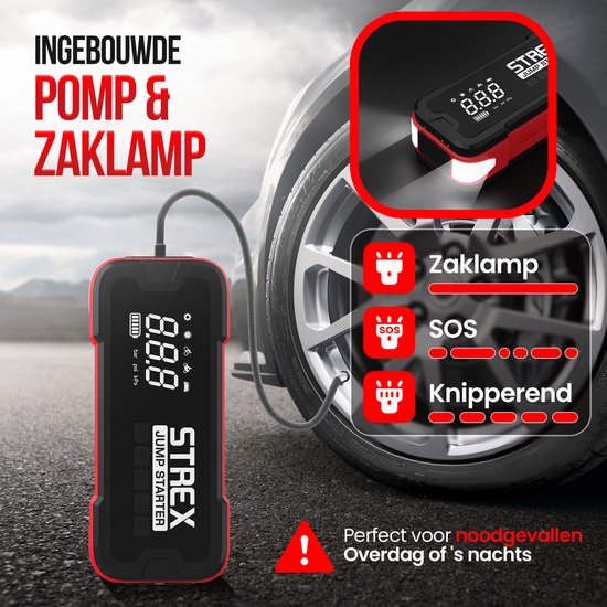 Strex - 12V Jumpstarter & Starthulp Met Compressor - 4000A - 24.000 mAh - 5-in-1 Functie Met Led-zaklamp & SOS - Inclusief Hardcover Tas - Kunststof - Zwart & Rood
