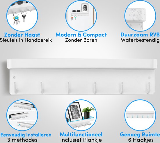Happy Goods® Sleutelrekje Wit - Sleutelkastje voor Binnen - Zelfklevend - Sleutelhouder - RVS - Sleutel Organizer - Sleutelbord Modern - Sleutelrek inclusief Schroeven - Sleutelkastjes