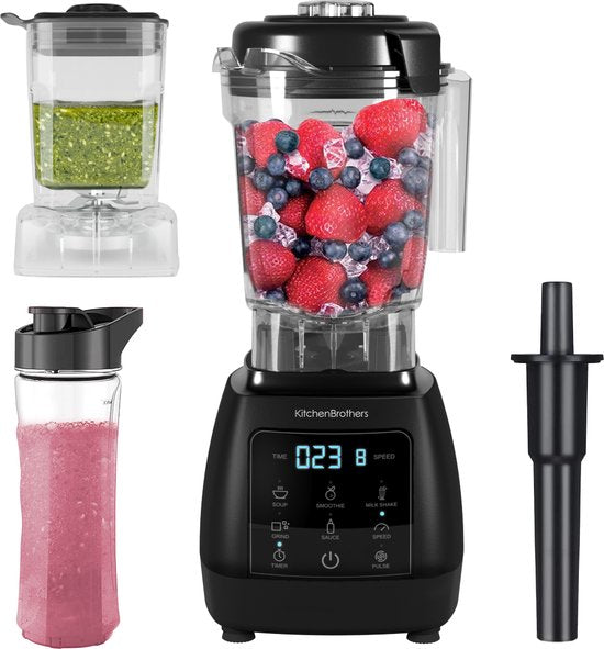 KitchenBrothers 2-in-1 Power Blender - 1600W - 2L - Complete Set met Hakmolen en To-go Beker - Smoothie Maker - IJscrusher - Zwart