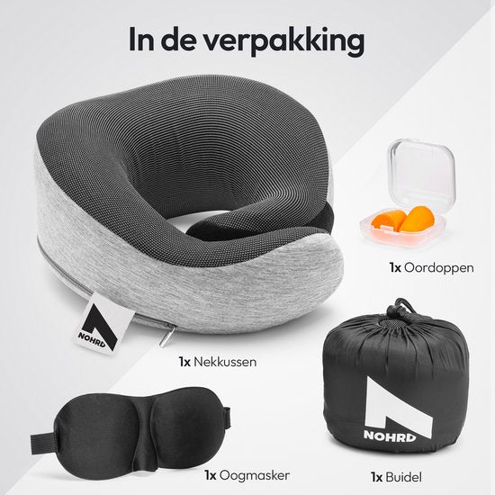NOHRD Nekkussen Vliegtuig - Reiskussen - Grijs - Memory Foam - Incl. Oordopjes, Slaapmasker & Draagtas - Traagschuim - Neksteun