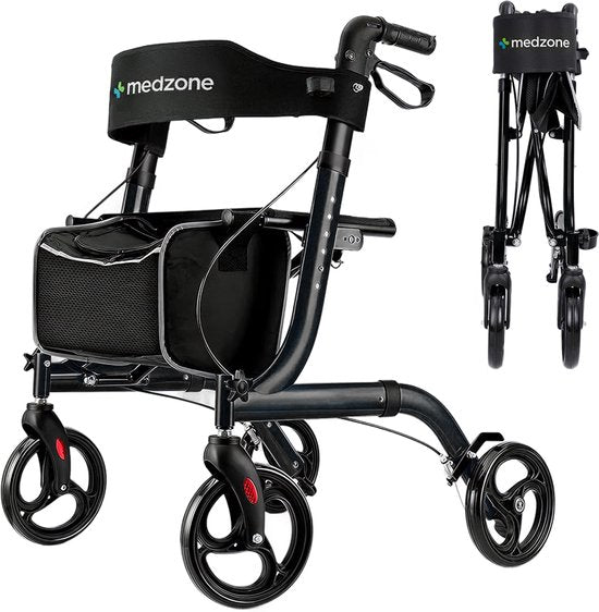 Medzone Rollator Lichtgewicht en Opvouwbaar - Binnen en Buiten - Zitfunctie - Rugleuning en Wandelstok Houder - Zwart