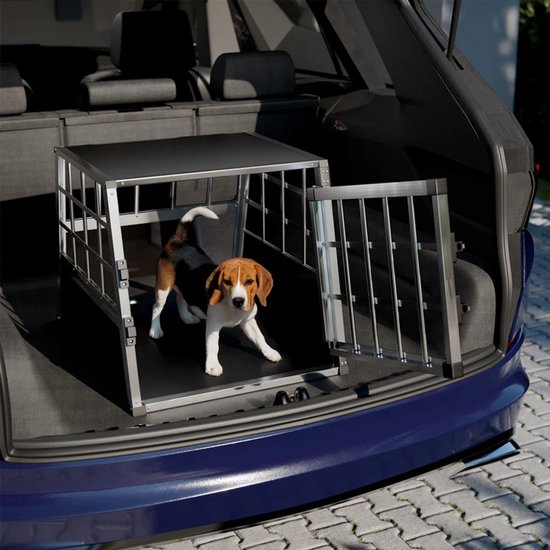 Juskys – Hondentransportbox M – 54 x 69 x 51 cm – Voorzien Van Afsluitbare Deur En Goede Ventilatie – Voor Auto En Reis – Zwart Aluminium En MDF