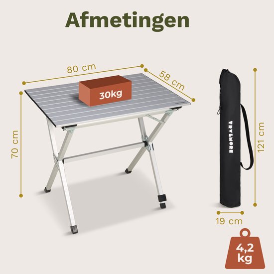 TRVLMORE Campingtafel - 80x58x71 cm - Lichtgewicht met Aluminium Frame - Vouwtafel Verstelbaar - Kampeertafel - Klaptafel - Zilver