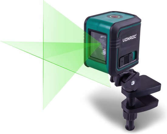 VONROC Kruislijnlaser – Groen – Zelfnivellerend – 18 meter – Incl. bevestigingsbeugel, opbergtas