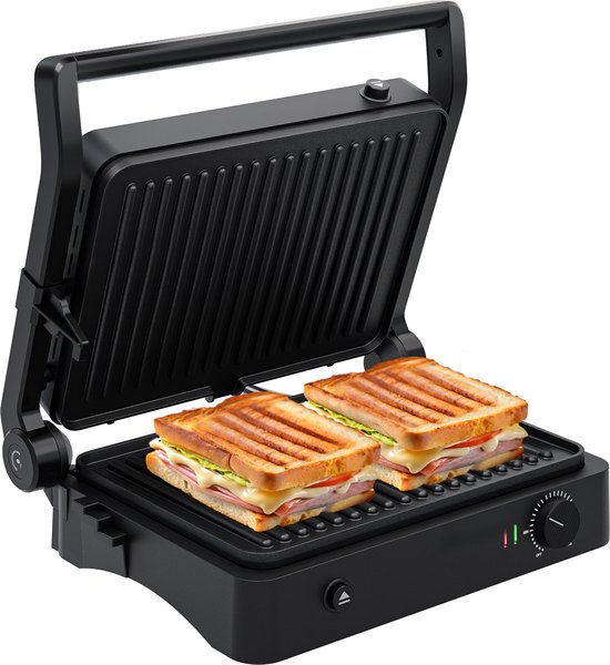 KitchenBrothers Contactgrill - Grill Apparaat - Uitneembare Grillplaten - Panini Grill - 3 hoogtestanden - Tosti ijzer - 2000W - Zwart
