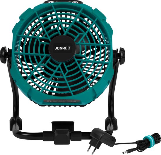 VONROC Ventilator 20V - voor draadloos en bedraad gebruik - Incl. netstroom adapter - Incl. 20V – 2.0Ah accu en snellader