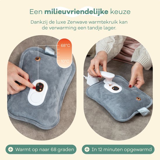 Zenwave Elektrische Kruik met Hoes - Digitaal Display - Warmtekruik & Waterkruik met Handwarmers - Oplaadbare Warmtekussen - Menstruatie Warmteband - Duurzaam & Draadloos - Kamperen & Outdoor - Warmwaterkruik Grijs