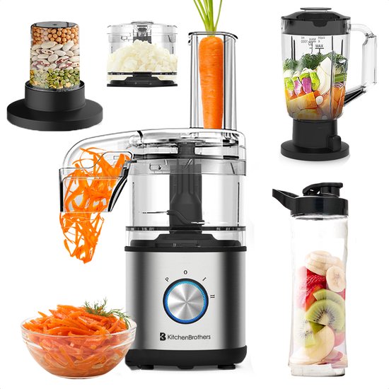 KitchenBrothers Foodprocessor - 5 in 1 Multifunctioneel Model - Hakmolen - Groentesnijder - 0,5L - Keukenmachine - Uiensnijder - RVS