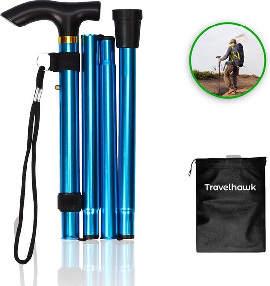 Travelhawk Wandelstok - Verstelbaar en Opvouwbaar - Blauw - Incl. Opbergtas - loopstok Ouderen