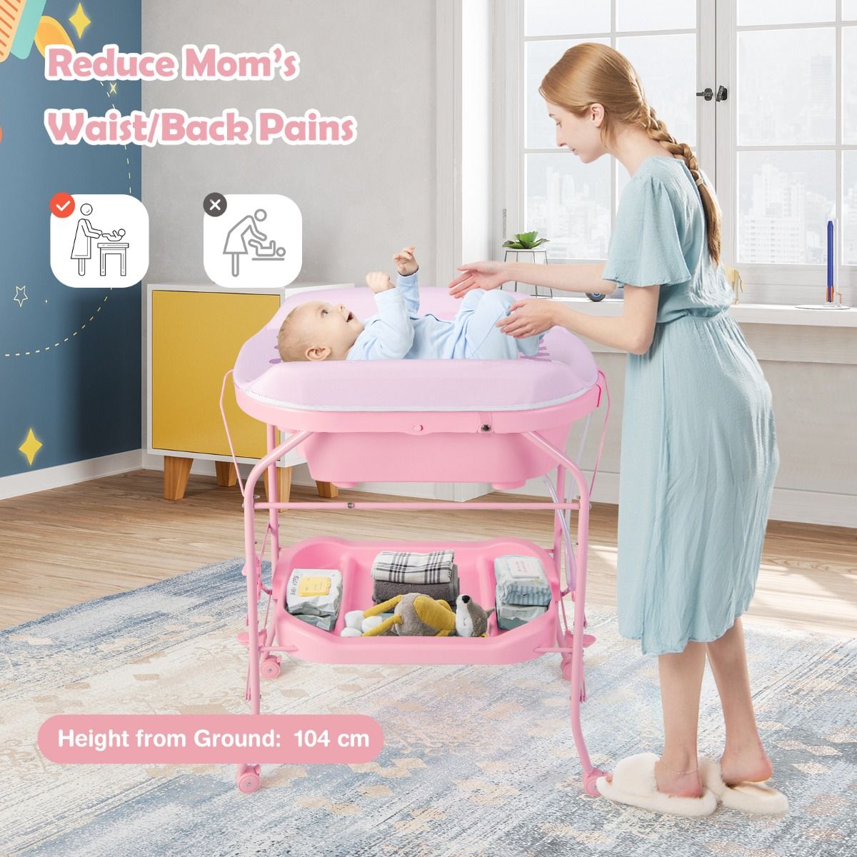 Coast 4-in-1 Opvouwbare Verschoontafel met Bad en Wielen - Roze - 86 x 50 x 100 cm