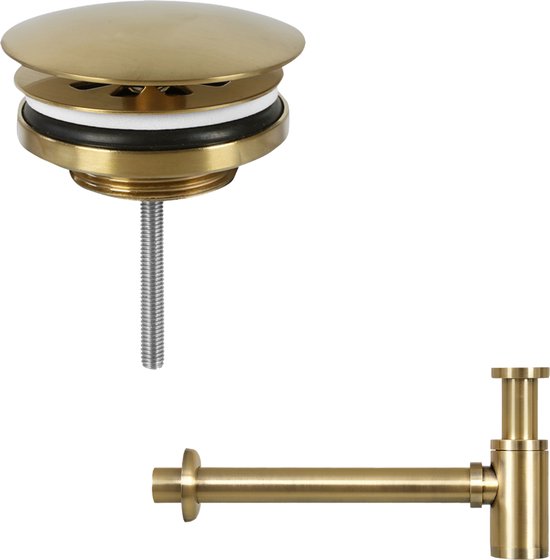 Differnz Helios Fonteinset 37,5x18,5x9 cm – Wastafel Keramiek Wit – Met Koudwaterkraan Links Recht Mat Goud – Fonteinset Toilet – Incl. Sifon & Always-Open Afvoerplug – Wandmontage
