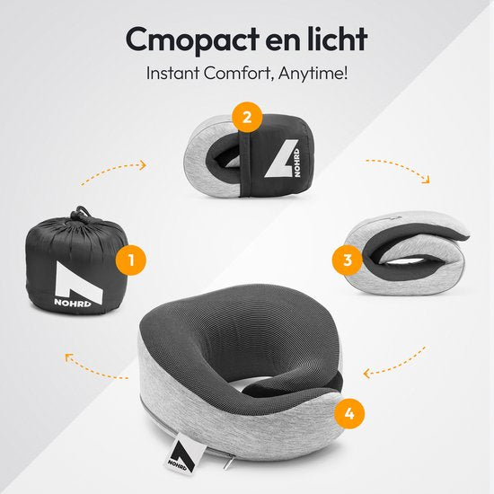 NOHRD Nekkussen Vliegtuig - Reiskussen - Grijs - Memory Foam - Incl. Oordopjes, Slaapmasker & Draagtas - Traagschuim - Neksteun