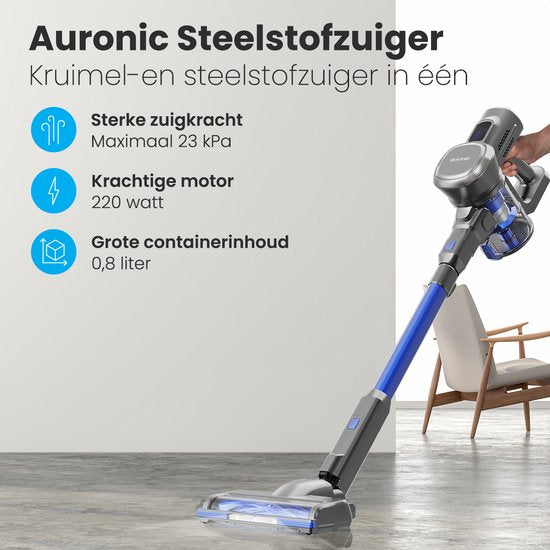 Auronic Steelstofzuiger Draadloos - Zelfstaande Steelstofzuiger - Zonder Zak - 220W - Vacuum Cleaner - Grijs/Blauw