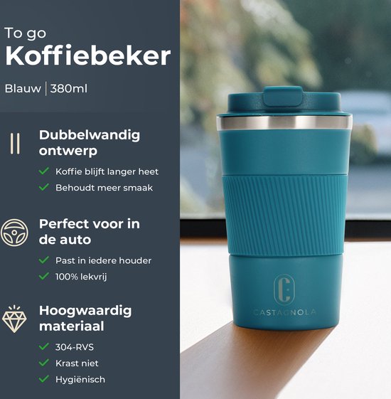 Castagnola Thermosbeker - Koffiebeker To Go - Travel Mug voor Koffie en Thee - Theebeker - 380 ML - RVS - Blauw