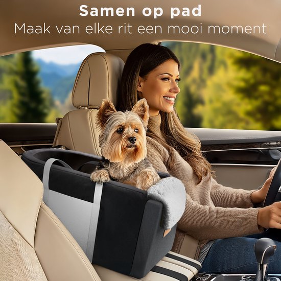 CozySense® Honden Autostoel - Hondenmand Auto met Wasbare Hoes - Voor Kleine Hond - Past in Middenconsole - Ook als Draagtas - Zwart/Grijs