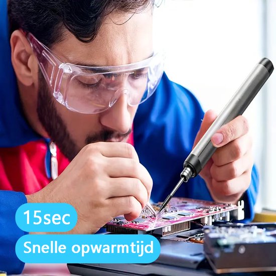Tech Essentials Draadloze Soldeerbout - 8W - USB-C - Met Tin - Kit - Fijnsoldeerwerk - Pen - Accu - Soldeerset - Solder - Grijs