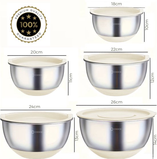 COOCK RVS Mengkommen set met Deksel - Beslagkommen met deksel - Bewaarbak met Rasp - Schaal voor Salades & Mengen - 22 Delige Set 1,5 t/m 5 Liter – Beige - Incl. Maatschepjes