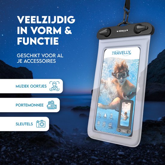 Travelly® Waterdicht Telefoonhoesje Set van 2 – Universeel Onderwater Hoesje voor Smartphone – Geschikt voor alle telefoons – Drybag – Voor Vakantie, Zwemmen & Watersport – Transparant/Wit