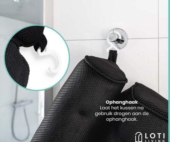 Loti Living Badkussen voor in bad – Badkussen – Nekkussen bad – Hoofdsteun bad – Badkussen met zuignappen – 6 Zuignappen – Ergonomisch nekkussen – Antislip - Zwart
