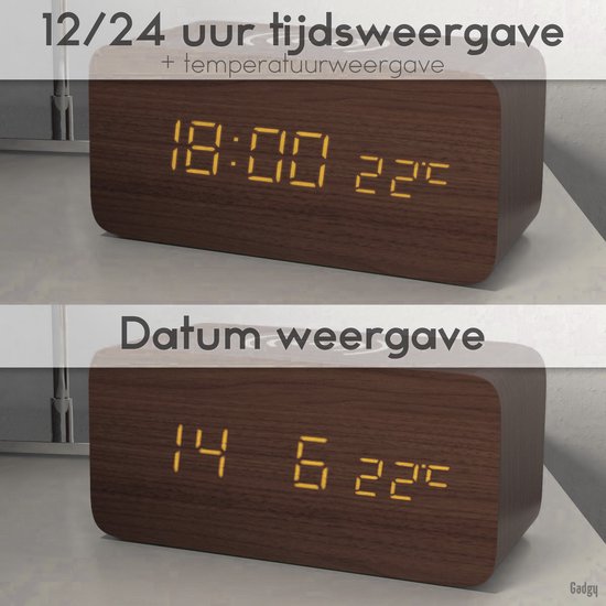 Gadgy Digitale Wekker met Draadloze Oplader - Houten Wekker met Eco Stand - Alarmklok met Temperatuur Datum en Tijd - Cadeau voor Vrouw en Man