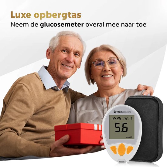 MostEssential Premium Glucosemeter Startpakket - Bloedsuikermeter - Bloedglucosemeter - Diabetes Meter - Alles in één set - Inclusief Opbergtas, Prikpen, 10 Teststrips & 10 Lancetten