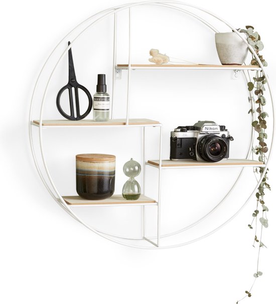 LIFA LIVING Wandrek Ronda - Wandplank Industrieel - Metaal en MDF Hout - 4 Planken - Rond Kruidenrek - Wit - Voor Keuken, Slaapkamer, Woonkamer - 55 x 11 x 55 cm
