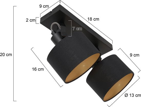 2 Lichts Spot Ornoir 3334ZW Zwart met Goudkleurige Lampenkapjes, Draaibaar en Kantelbaar, Metaal en Textiel, Modern, Mexlite, Binnen