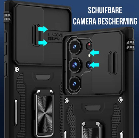 Podec Hoesje met Screenprotector - Geschikt voor Samsung Galaxy S23 Ultra - Zwart Telefoonhoesje - Anti-Shock Case - Hybrid Armor Hoes met Kickstand Ring