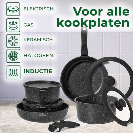 Just Perfecto 11 Delige Pannenset Inductie - Afneembare Handgreep - Pannenset Met Deksel Voor Alle Warmtebronnen - Pannen Zonder PFOA - PFAS