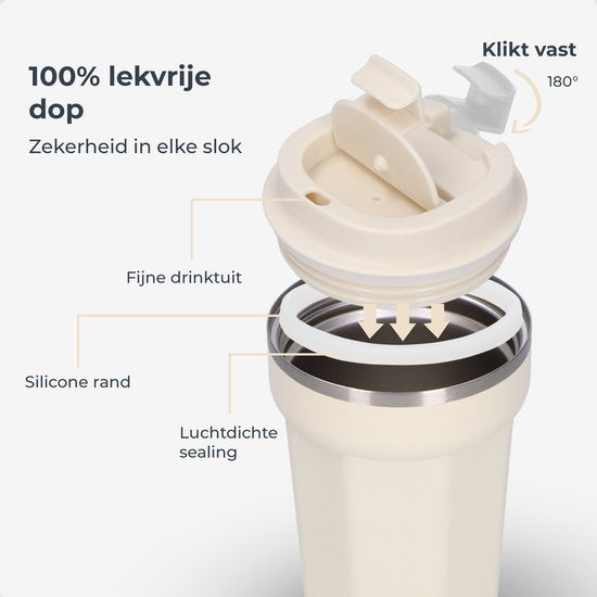 Castagnola Thermosbeker - Koffiebeker To Go - Travel Mug voor Koffie en Thee - Theebeker - 380 ML - RVS - Offwhite - Octagon