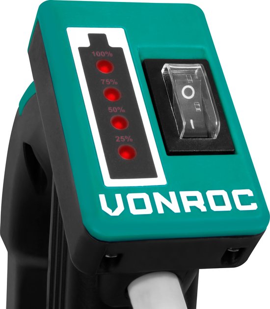 VONROC Regentonpomp 12V met accu - 50W - 1500 lt/u - met droogloopbeveiliging - universele tuinslangkoppeling - inclusief accu en oplader