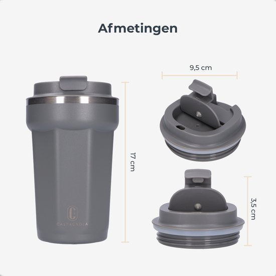 Castagnola Thermosbeker - Koffiebeker To Go - Travel Mug voor Koffie en Thee - Theebeker - 380 ML - RVS - Grijs - Octagon