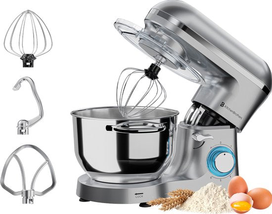 KitchenBrothers Keukenmachine - Keukenrobot - 6,2L - Mixer met Mengkom - Keukenmixer - 2000W - Zilver