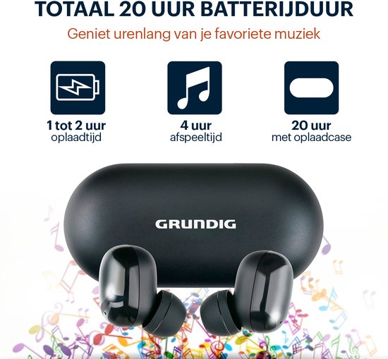 Grundig Draadloze Oordopjes - Earbuds Bluetooth 5.3 - Oortjes incl. Oplaadcassette - Batterijduur tot 20 Uur - USB-C Oplaadbaar - Touch Bediening en Handsfree Bellen