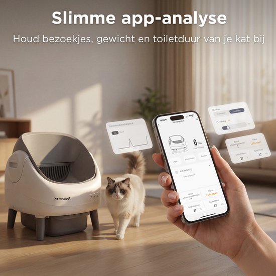 TrevoPet® Air - Automatische Kattenbak met App - Zelfreinigend & Veilig - Voor Katten tot 12KG - Incl. Mat, 60 Afvalzakjes & Accessoires - 10L Afvalbak - Wit & Grijs