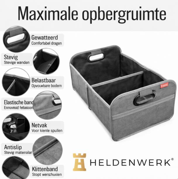 HELDENWERK Opvouwbare kofferbaktas met antislip klittenband - kofferbak organizer, auto vouwbox, boodschappentas - versterkt en stabiel
