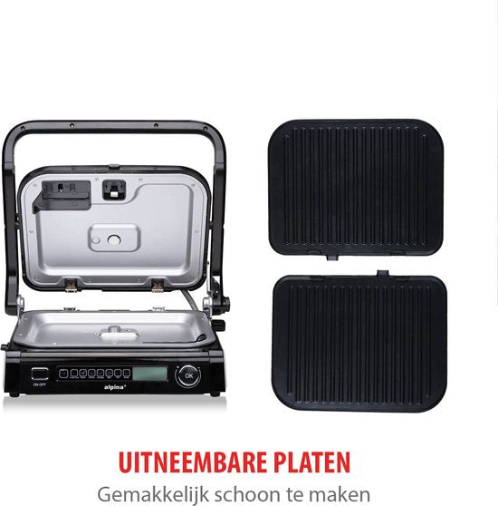 alpina Contactgrill 2100W - Tosti Apparaat met 7 Grill Standen - Tafelgrill met Uitneembare Platen - Panini Grill 37,6 x 33,1 cm - Anti-Aanbaklaag - RVS/Aluminium