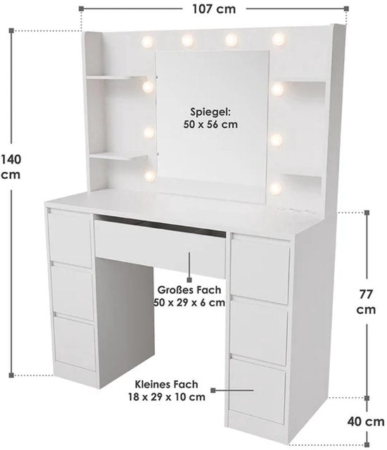 Kaptafel / Schminktafel Malia - Incl. Spiegel en LED - Wit