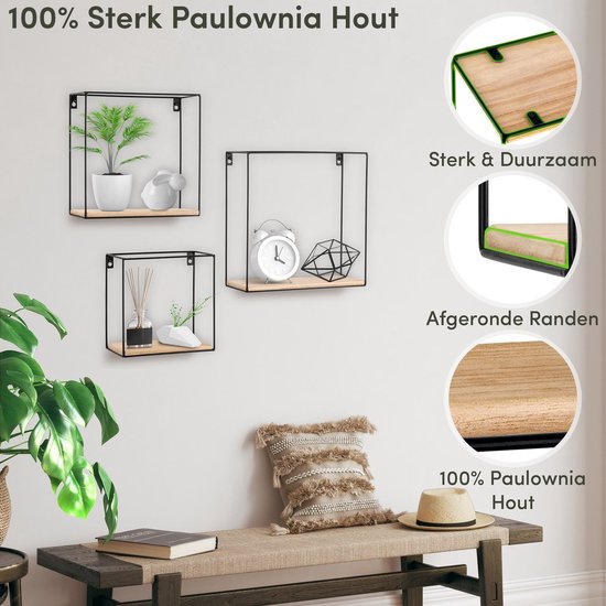 Happy Goods® Wandrek Industrieel - Set van 3 - Vierkant Wandrek - Zwart - Wandrekken