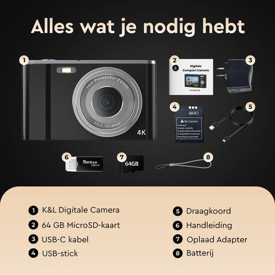 K&L Digitale Camera 4K - 64MP - Fototoestel - Compact Camera - Vlog Camera - Voor Kinderen - Inclusief 64GB - NL Software