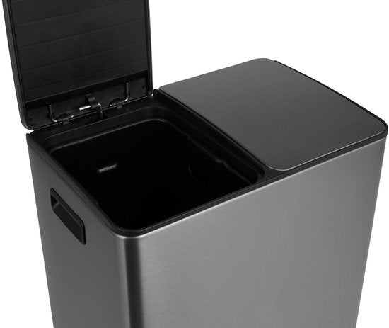 Umuzi Cleaning prullenbak - 60L - Afval Scheiden 2 Bakken - Metal Grey - Soft close - 45x37x70cm