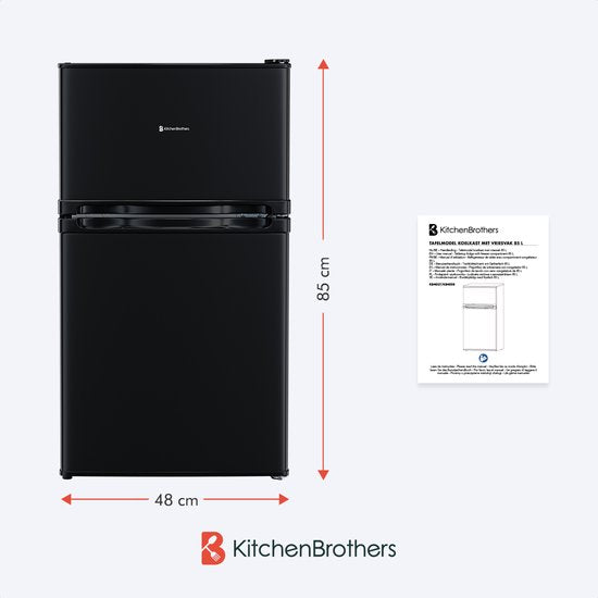 KitchenBrothers Koelkast - 61L Koelvak - 24L Vriesvak - IJskast - Koelvriescombinatie - Frigo - Vrijstaand - Zwart