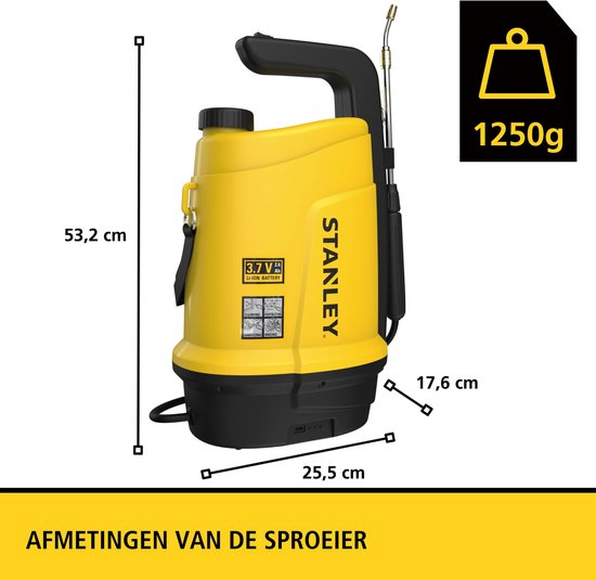 Stanley Druksproeier 5 L, drukspuit, sproeier tuin, elektrisch, heroplaadbare batterij lithium, telescopische lans, regelbare sproeikop, autonomie 2.5 h, max. 2 bar, 0.33 L/minuut, geel/zwart