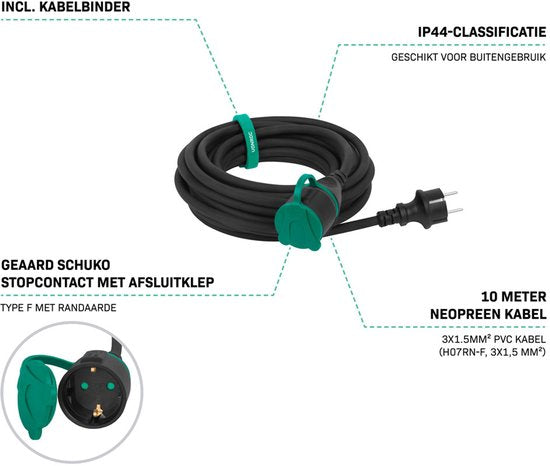 VONROC PRO Verlengsnoer 10m – IP44 – Neopreenkabel H07RN-F 3x1,5 mm² - Incl. Kabelbinder (verlengkabel)