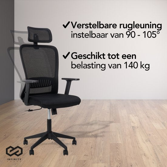 Infinity Goods Ergonomische Bureaustoel - Bureaustoelen Voor Volwassenen - Volledig Verstelbaar - Office Kantoor Chair - Zwart