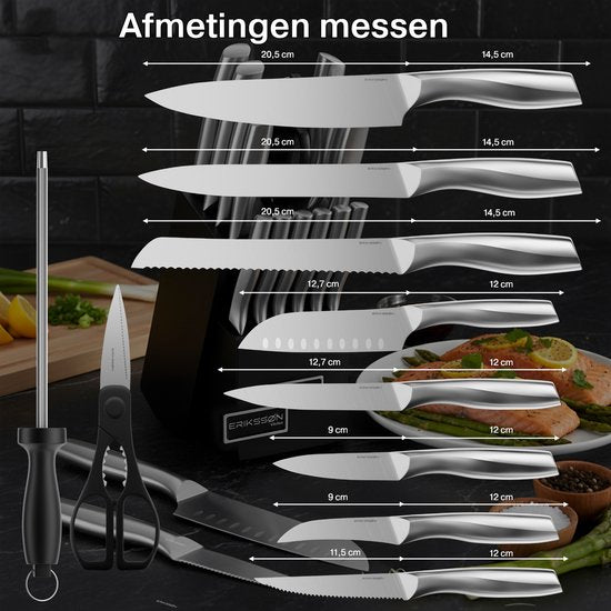 Erikssøn Kitchen Messenset - Messenblok - 16 Delig - Met Blok, Messenslijper En Schaar - Krasbestendig - 3Cr13 RVS - Zilver